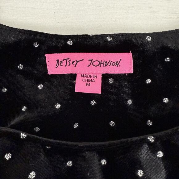 Betsey Johnson Black Velvet Dress M Power Sleeve Metallic Silver Dot Whimsigoth - Picture 9 of 16